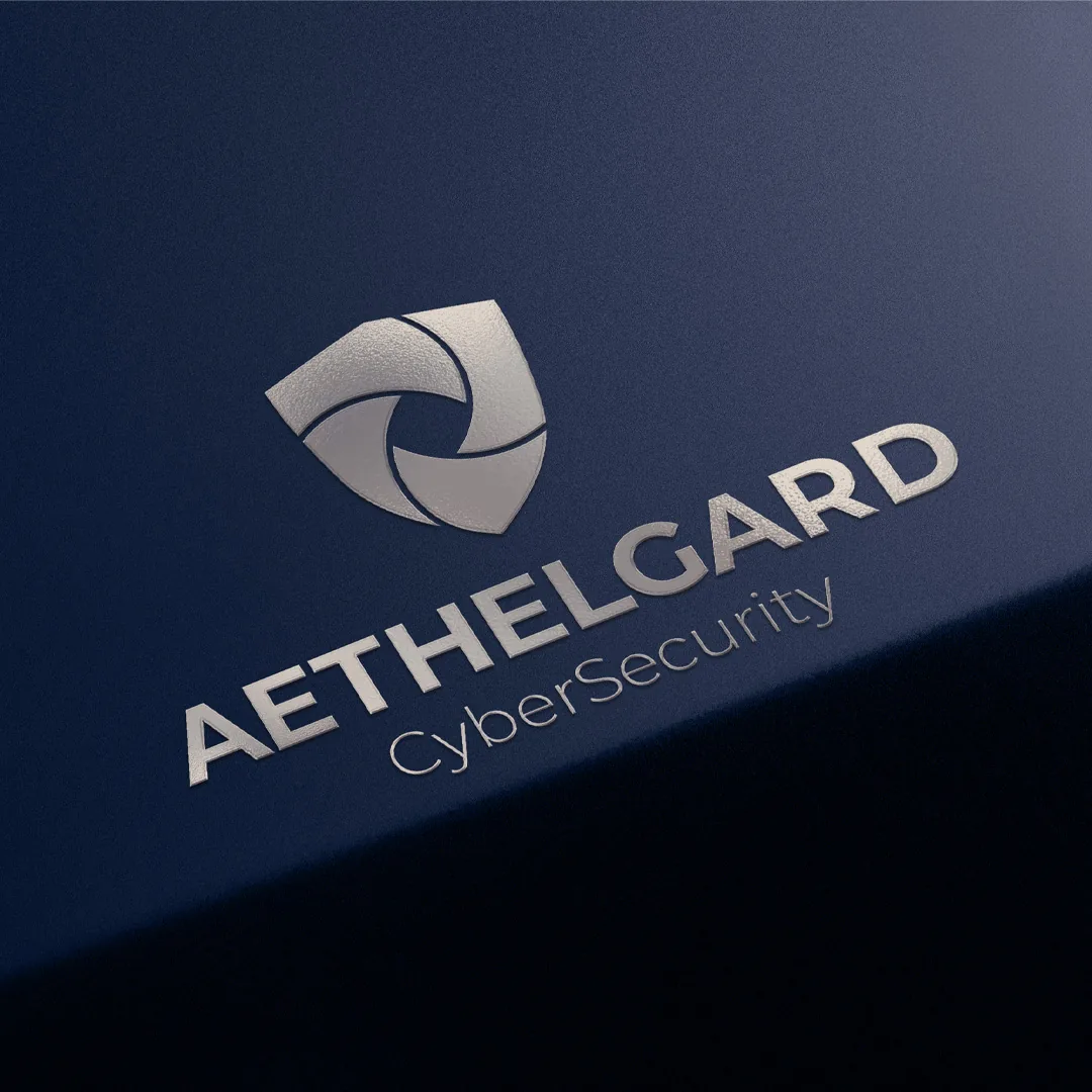Embossed silver Aethelgard CyberSecurity logo on navy