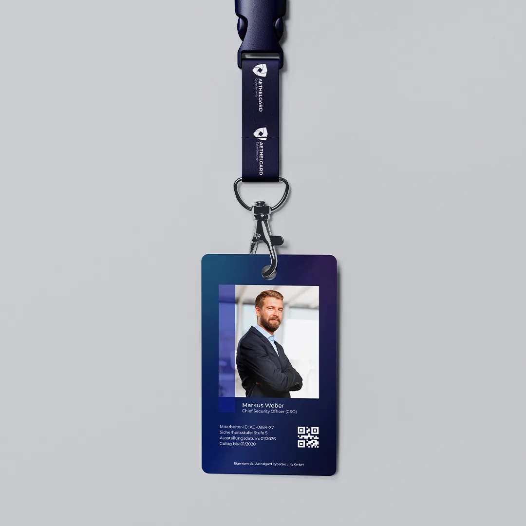 Employee ID badge on a branded lanyard