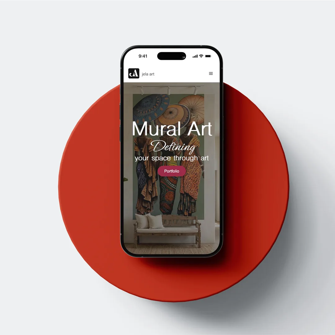 Jela Art mobile website shown on a phone over a red disc