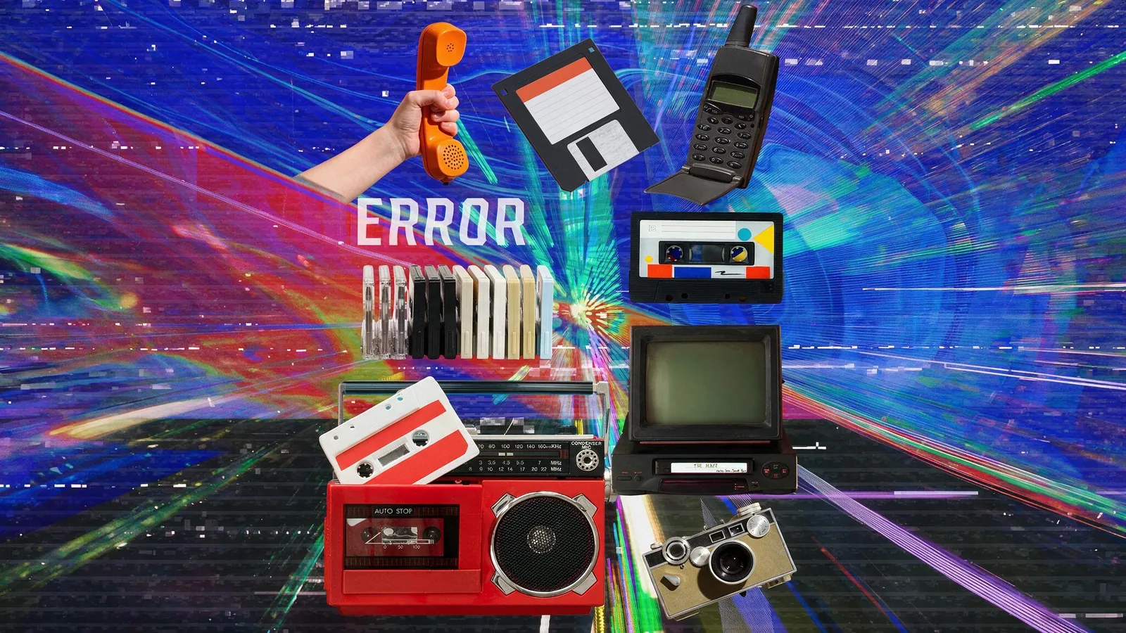 Collage of retro tech - handset, floppy disk, cassette, CRT monitor and camera over a glitch background