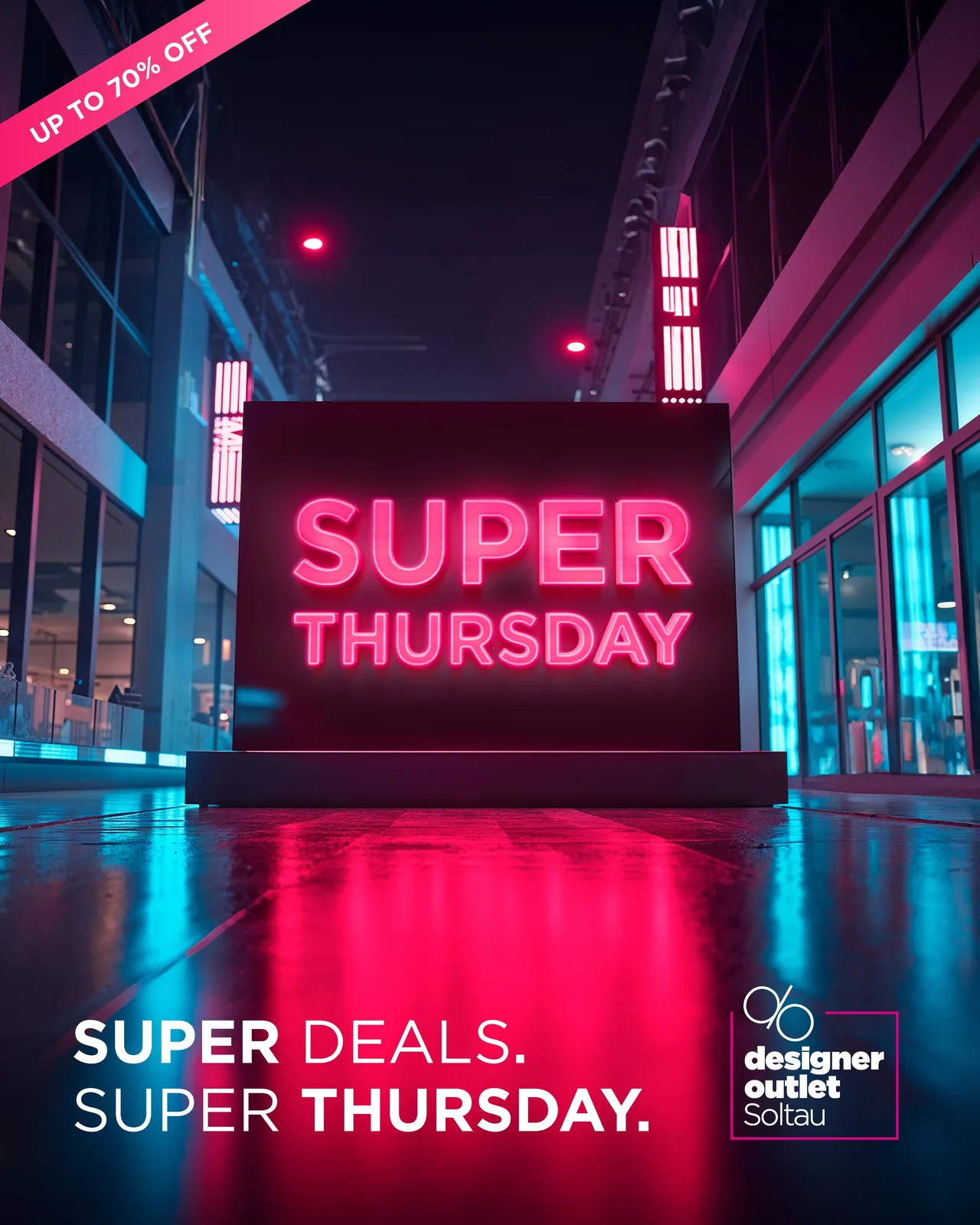 Super Thursday poster, neon lettering on magenta