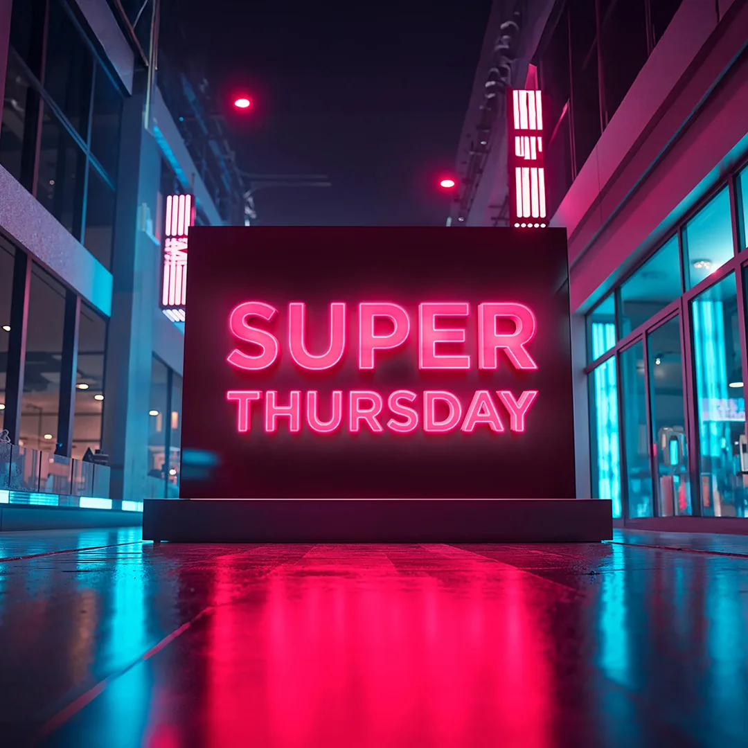 Super Thursday neon sign glowing in a night-time outlet street